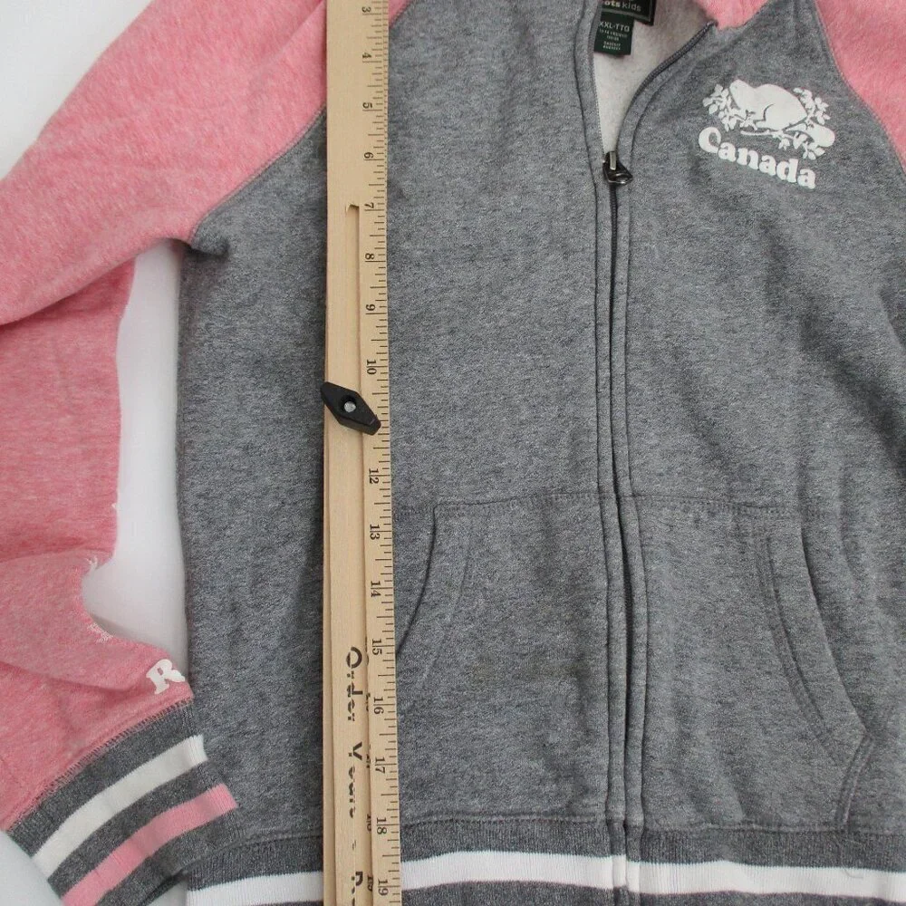 Roots Kids Sweatshirt Hoodie XXL 13 14 Years Pink Gray Pockets Zipper Casual
